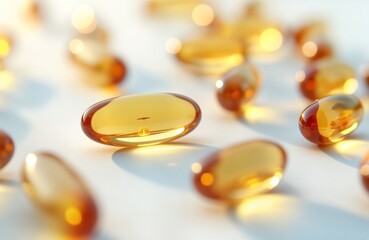 Macro view of vitamin E capsules on white background. Transparent golden capsules show light reflecting skin nourishing properties. Antioxidant beauty product. Health supplement. Skincare product for