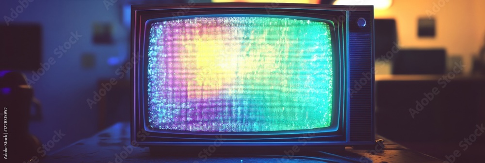Leinwandbilder retro television screen showcasing vibrant static noise and colorful glitch patterns in a nostalgic 