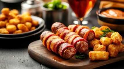 Hot dog sausage wrapped in bacon, served with crispy tater tots