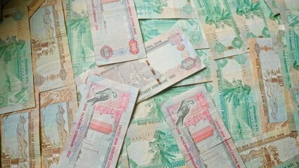 Colorful banknotes from the united arab emirates showcasing various denominations of uae dirhams spread out randomly without any people in sight