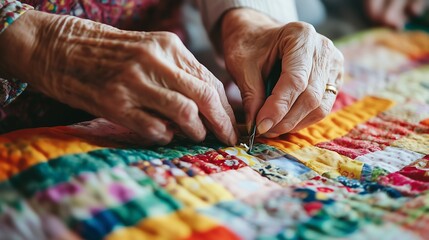 Elderly woman's hands skillfully sewing a colorful quilt patchwork, showcasing craftsmanship and warmth.