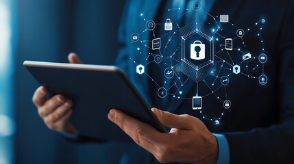 A business professional holding a tablet, surrounded by digital security icons. The image represents the intersection of technology and cybersecurity in modern workplaces.