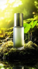Luxury face serum bottle on moss with natural sunlight