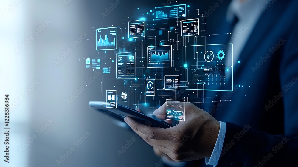 Aufkleber a businessman interacts with a smartphone displaying futuristic digital interfaces and graphs, symbo