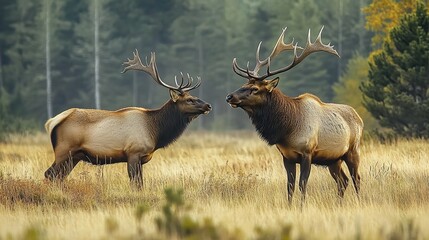 Obraz premium Two elk in the grassland, a male and a female, full-body photograph with high-definition details.