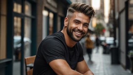 Fototapeta premium male hair stylist on busy urban street background