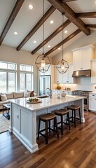Modern luxury home features open-plan kitchen, living area. White cabinets, hardwood floors complement wood beams. Stylish pendant lights illuminate space. Fresh decor, natural light create welcoming