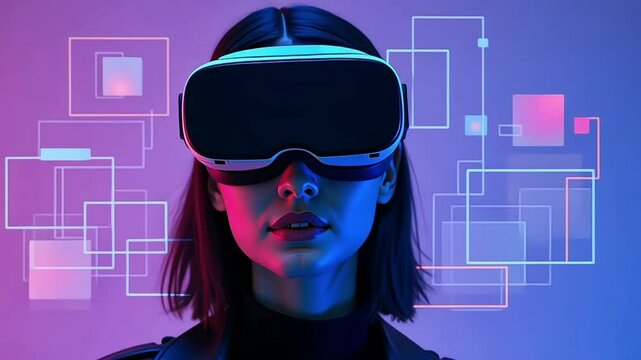 Woman wearing smart glasses futuristic technology. Woman VR headset device, purple innovative VR technology hologram overlay, high-tech futuristic virtual reality technology concept.