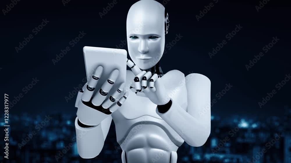 Poster robot hominoid use mobile phone or tablet for big data analytic using ai thinking brain , artificial