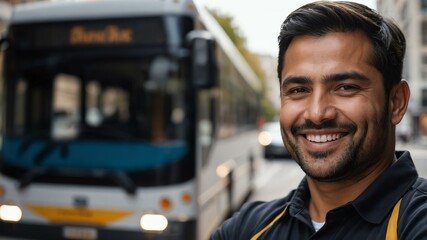 male bus driver on busy urban street background