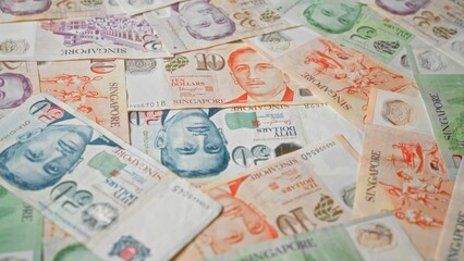 Singaporean banknotes showcasing various denominations of singapore dollars spread out in a colorful and detailed array, depicting the cultural and economic essence of singapore.