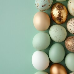 Decorated easter eggs with golden and mint pattern on turquoise background with copy space on the left, square format