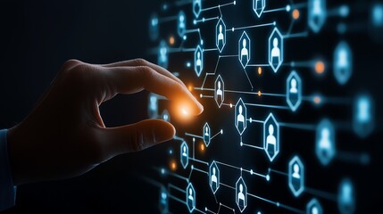 A close-up view of a hand interacting with a digital network interface, showcasing connections and user icons illuminated by bright nodes