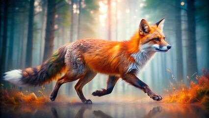 Obraz premium Red Fox Double Exposure: Vibrant Orange Fur in Motion, Wildlife Photography