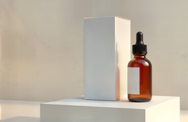 Amber glass dropper bottle, box mockup on light grey background. Empty white box, bottle with blank label. Product design template for cosmetics pharmaceuticals. Presentation mockup for branding,