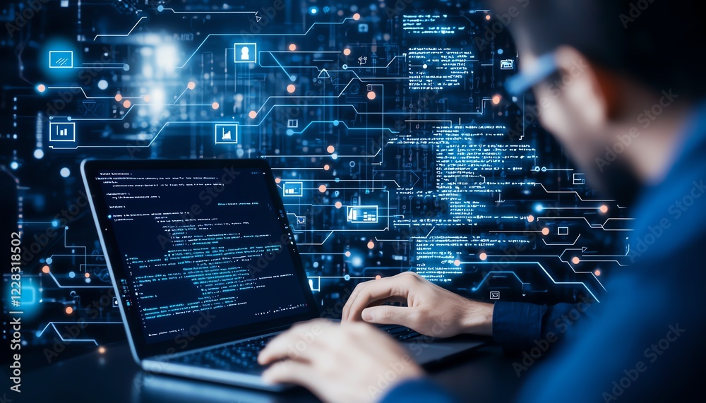Poster a close-up view of a person working on a laptop with coding displayed on the screen