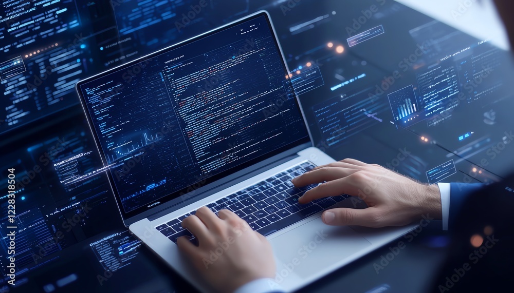 Aufkleber a close-up view of a person typing on a laptop, surrounded by digital codes and data. the scene illu