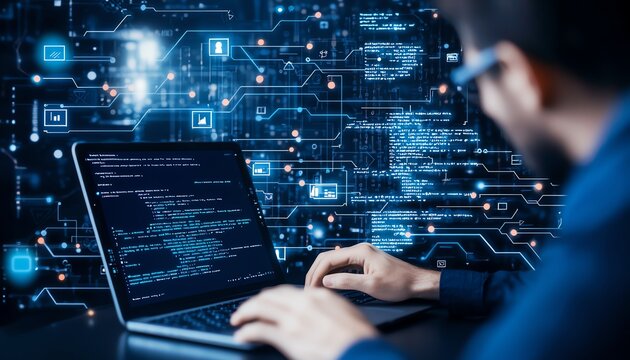 A close-up view of a person working on a laptop with coding displayed on the screen