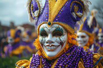 Vibrant Mardi Gras celebration with purple, green, and gold decorations