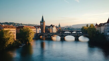 Naklejka premium Scenic river view featuring historic architecture and a charming bridge in a picturesque European town