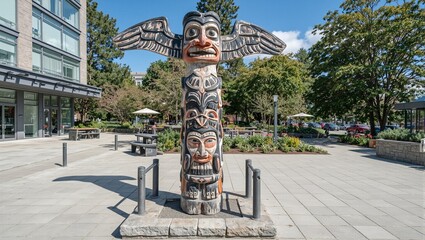 Modern totem pole with animal carvings in monochrome set in a sleek plaza