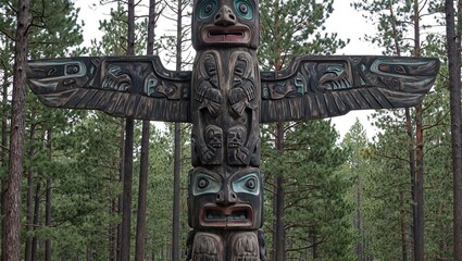 Giant totem pole with bear and fox carvings blending into pine forest