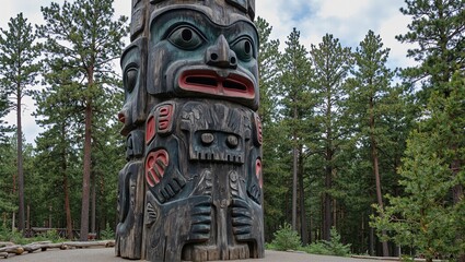 Giant totem pole with bear and fox carvings blending into pine forest