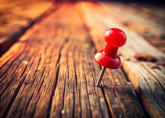 Red Navigation Pin on Rustic Wood: Close-up Geographic Location Marker Stock Photo