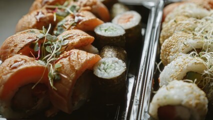 Sushi platter with fresh rolls on a concrete surface highlighting vibrant colors and textures