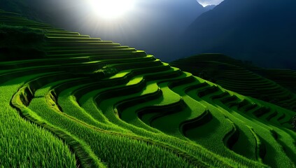 Vibrant green terraced rice fields on mountainside with dramatic sunlight breaking through clouds, creating stunning patterns of light and shadow on agricultural landscape.
