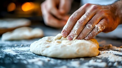 Hands kneading fresh dough on floured surface, close-up view showing flour-covered fingers pressing into soft, raw bread dough in warm bakery lighting.