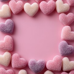 Obraz premium Border of pink and red hearts on soft pink background. Great for cards, advertisements, and social media posts.