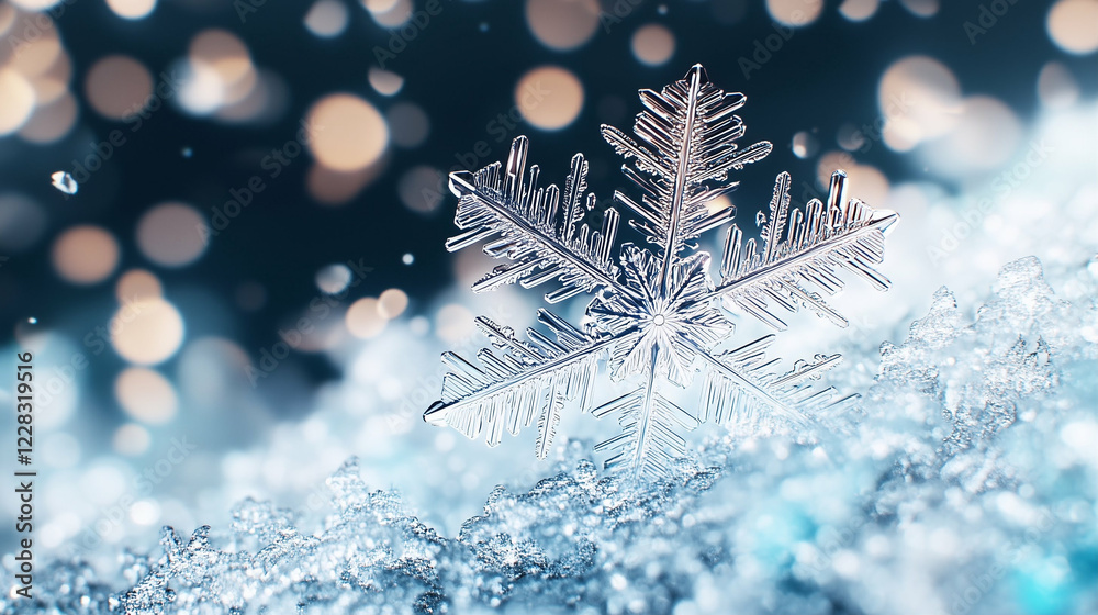 Poster close up snowflake on snow. winter snowflake with bokeh background. macro shot of snowflake