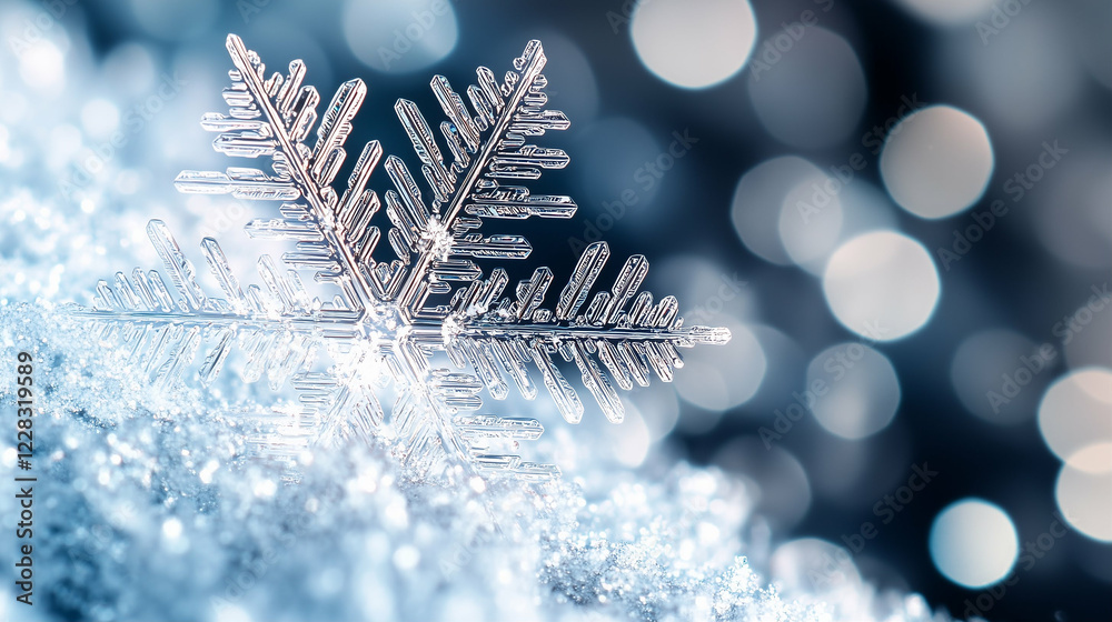 Poster close-up of a snowflake on a snowy surface. the snowflake is detailed and clear against a blurred ba