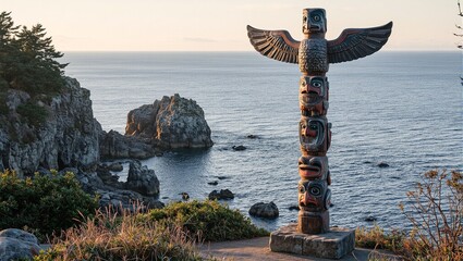 Obraz premium Majestic totem pole with sea eagles and fish by ocean cliff at sunset