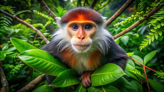 Red-shanked Douc Langur Monkey in Lush Rainforest Canopy - Aerial View