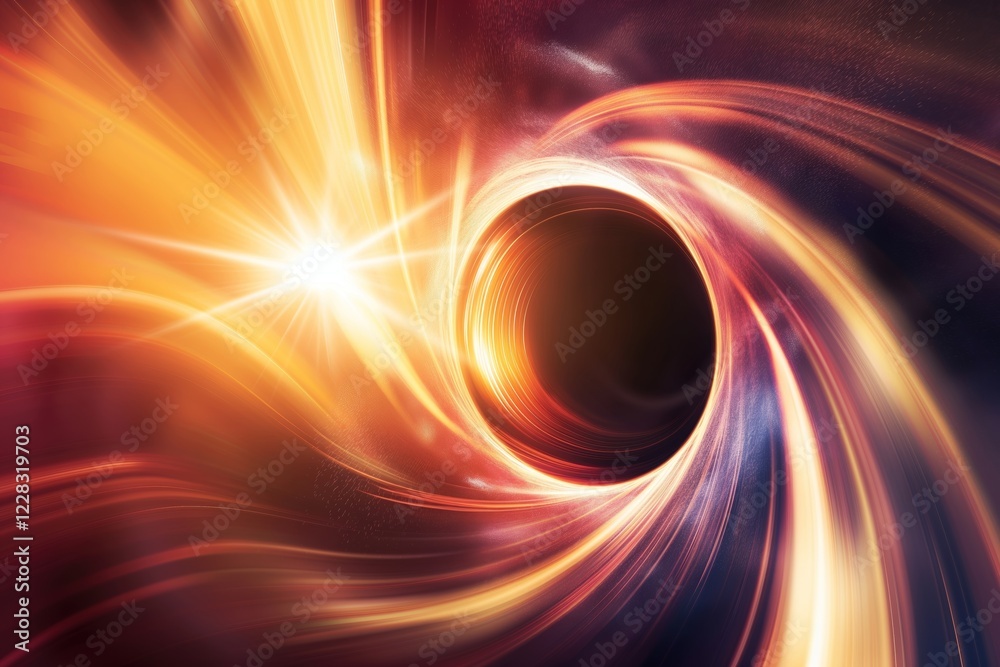 Wall mural powerful black hole attracting light and matter in outer space with a bright star illuminating the s