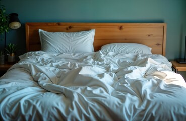 Unmade bed in bright morning light. White linen sheets, blankets crumpled, untidy. Interior of bedroom. Cozy home comfort concept. Nobody in room. Wooden bed frame, teal colored walls. Home interior