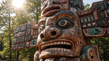 Obraz premium Majestic cedar totem pole with mythical creatures gleaming in sunlight
