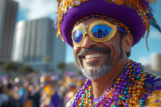Colorful Mardi Gras celebration with vibrant purple, green, and gold decorations, capturing the festive spirit and joyous atmosphere of the event