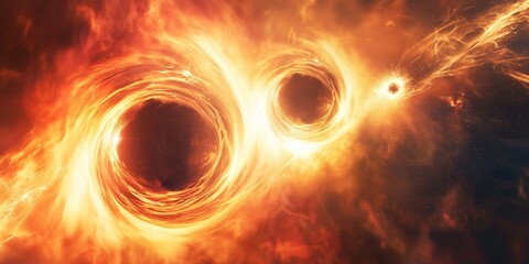 Obraz premium Powerful gravitational forces warp spacetime as two black holes spiral towards each other, releasing immense energy in a fiery cosmic ballet of destruction and creation