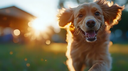 Happy golden retriever dog running outdoors at sunset with glowing backlight and bokeh effect, expressing pure joy and freedom in natural environment.