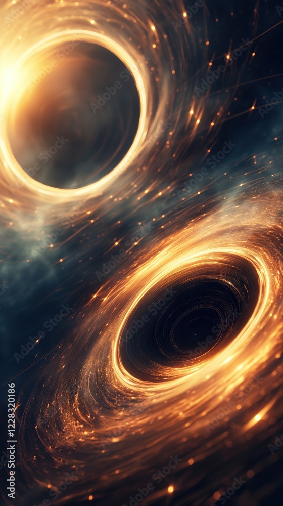Wall mural two black holes are rotating and generating energy in the darkness of outer space, surrounded by swi
