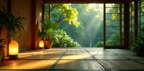 Softly glowing tatami mats amidst lush greenery, ambient light,