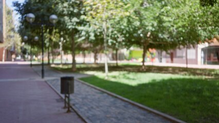 Fototapeta premium Defocused view of an outdoor park with trees, walkway, and blurred greenery under the sunlight