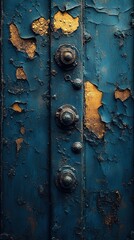 Fototapeta premium Blue cracked paint on a door, with metal rivets, texture for aged, rustic use