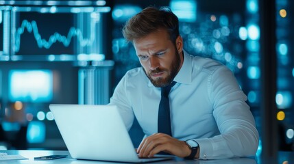 A focused businessman working late at his laptop in a modern office, analyzing data and financial graphs, illuminated by blue light, showcasing dedication and professionalism.