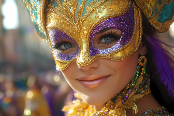 Vibrant Mardi Gras celebration with purple, green, and gold decorations