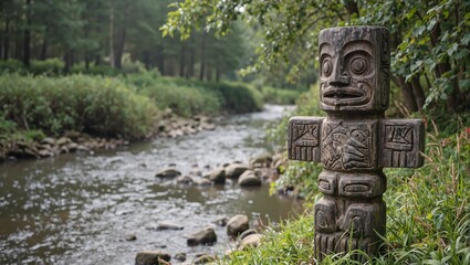 Fototapeta premium Intricate totem pole with fish motifs by serene stream