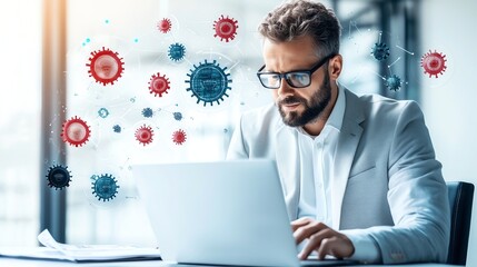 A focused businessman working on a laptop with digital virus graphics overlay. The image symbolizes the intersection of technology and health in the modern workplace.